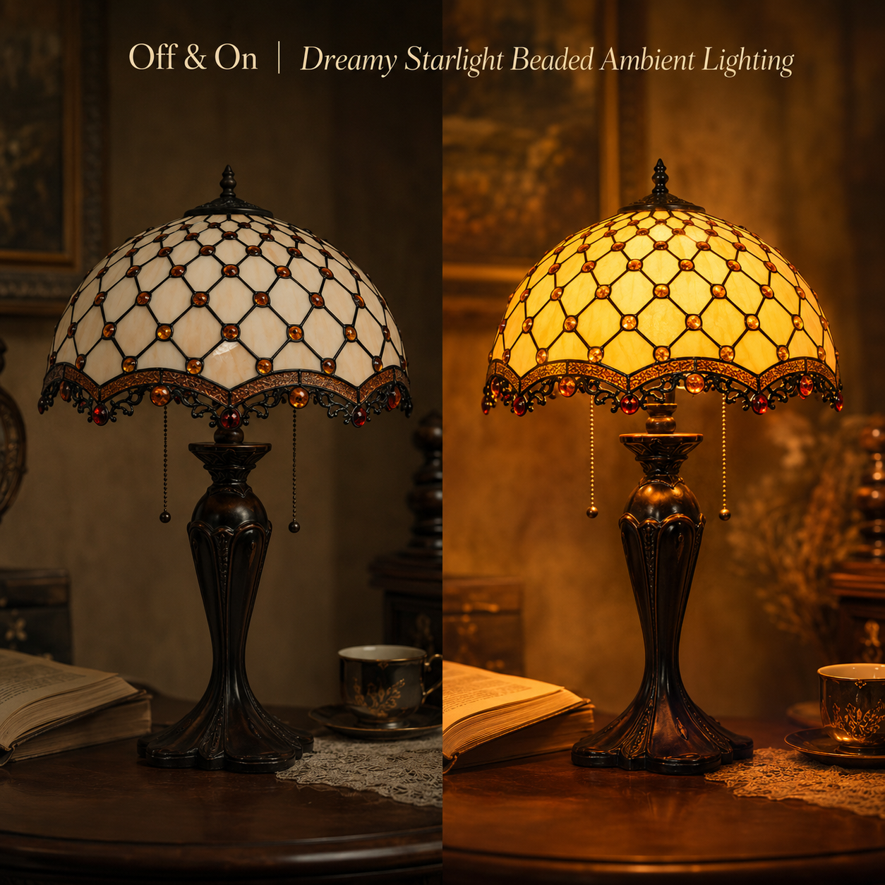 Tiffany table lamp showing off and on lighting effect with warm ambient stained glass illumination