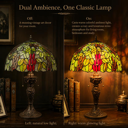 Tiffany stained glass table lamp showing warm glowing light effect compared with unlit vintage style