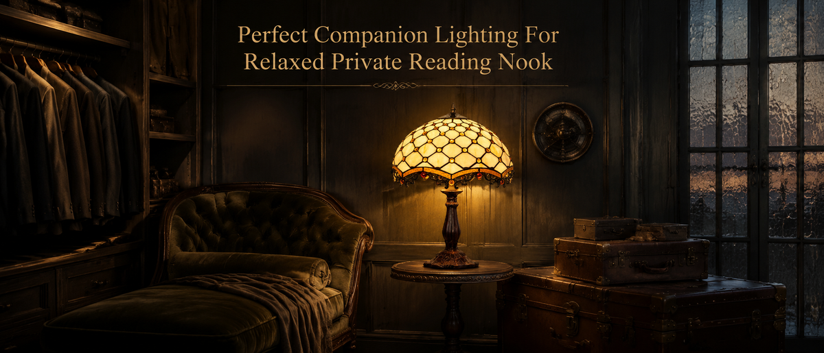Tiffany table lamp creating warm ambient lighting in a private reading nook with vintage leather chair and classic home decor