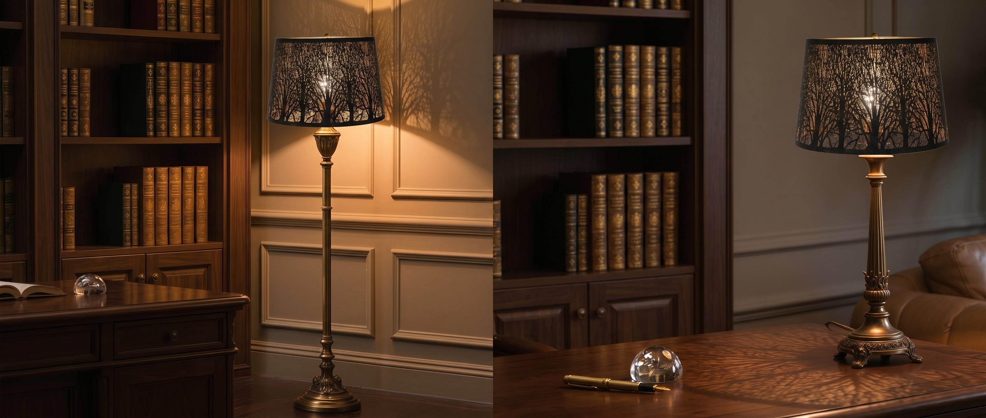 Drum Tree Etched Metal Lamp Shade - Dual Setting Comparison: Left on Tall Brass Floor Lamp Next to Vintage Leather Bookshelf with Globe, Right on Shorter Ornate Brass Table Lamp on Wood Desk, Both Casting Warm Tree Shadow Projections on Paneled Walls, 10" x 12" x 8" Replacement Shade with Matte Bronze Exterior and Gold Interior for Floor Lamps, Table Lamps, Decorative Fixtures, Modern and Vintage Interior Lighting