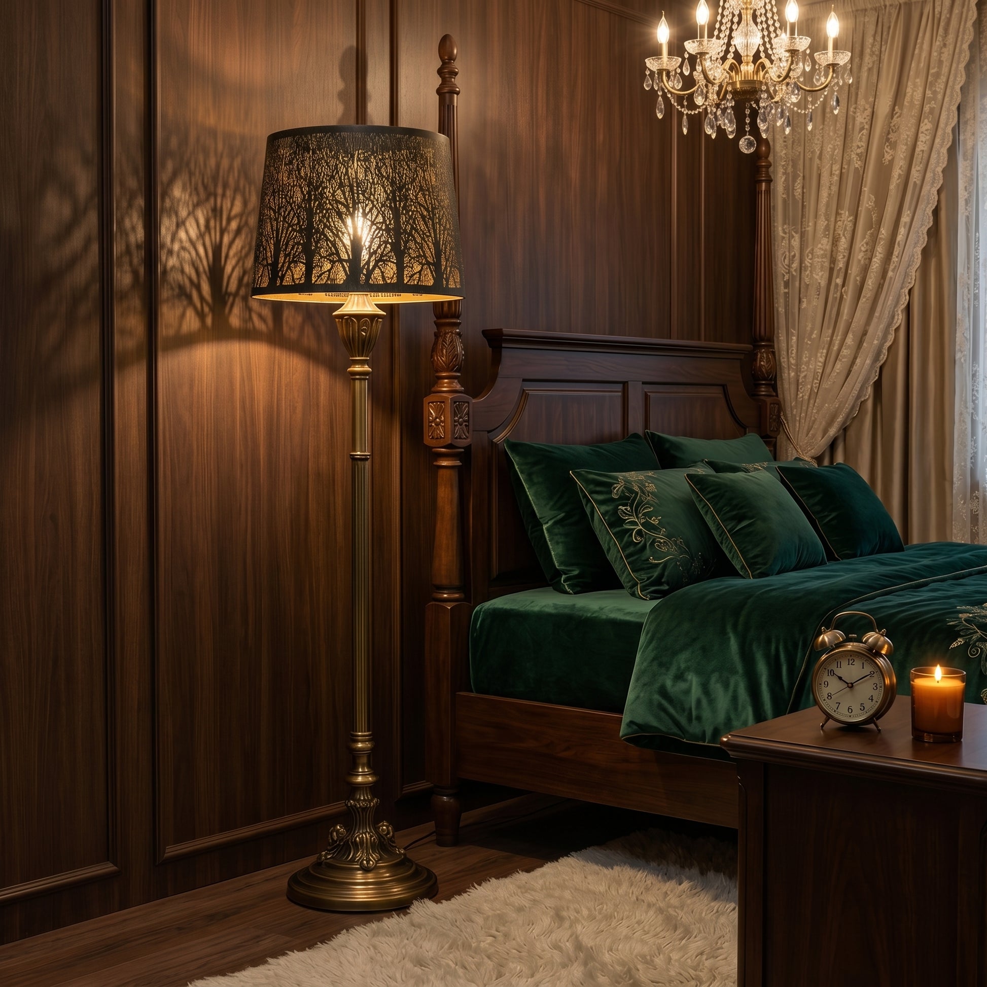 Drum Tree Etched Metal Lamp Shade on Brass Floor Lamp in Classic Bedroom with Wood Four-Poster Bed, Emerald Green Velvet Bedding, and Crystal Chandelier, Warm Tree Branch Shadow Projection on Wood Panel Wall, Bronze Exterior with Gold Interior, 10"x12"x8" Replacement Shade for Floor Lamps and Table Lamps, Enhances Modern and Vintage Interiors with Ambient Lighting