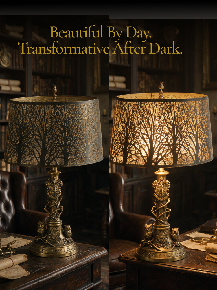 Forest tree cutout metal lamp shade - sculptural etched texture by day, transformative warm golden glow after dark, antique bronze finish