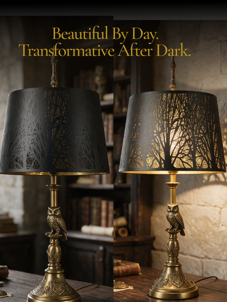 Tree etched black metal drum lampshade - decorative appearance by day, transformative warm glow after dark, 12x14x10 size