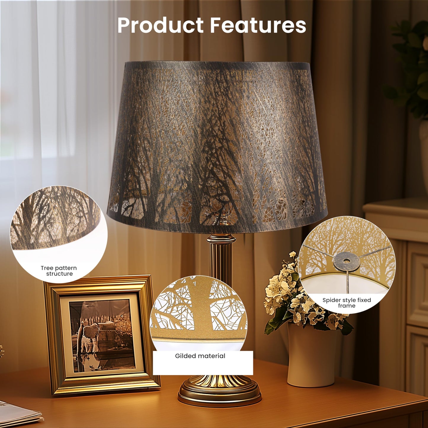Close up of detailed tree etched pattern on drum metal lampshade highlighting decorative craftsmanship and texture