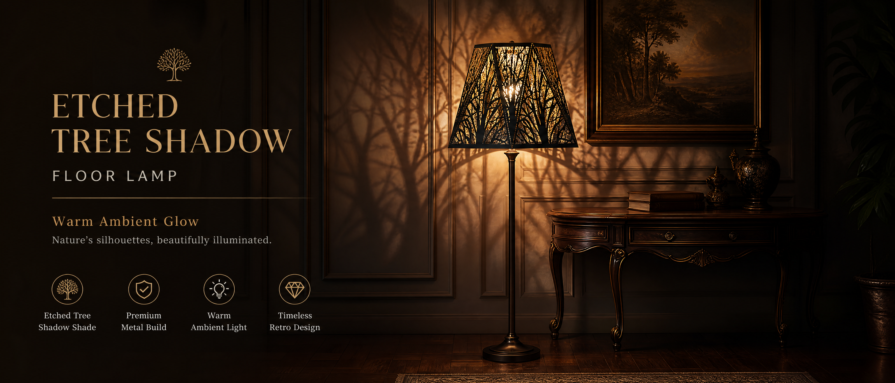 Etched Tree Shadow Floor Lamp Shade - Warm Ambient Glow, Nature's Silhouettes Beautifully Illuminated, Etched Tree Shadow Shade with Intricate Metal Etched Tree Forest Pattern, Premium Metal Build Timeless Retro Design, Warm Ambient Light Creates Decorative Tree Shadow Projection on Walls, Square Pyramid Gold Inner Lining, Elegant Classic Metal Replacement Floor Lamp Shade for Living Room Study and Entryway, Perfect for Light Luxury Vintage Retro Decor, 7x9.5x13.8 inches