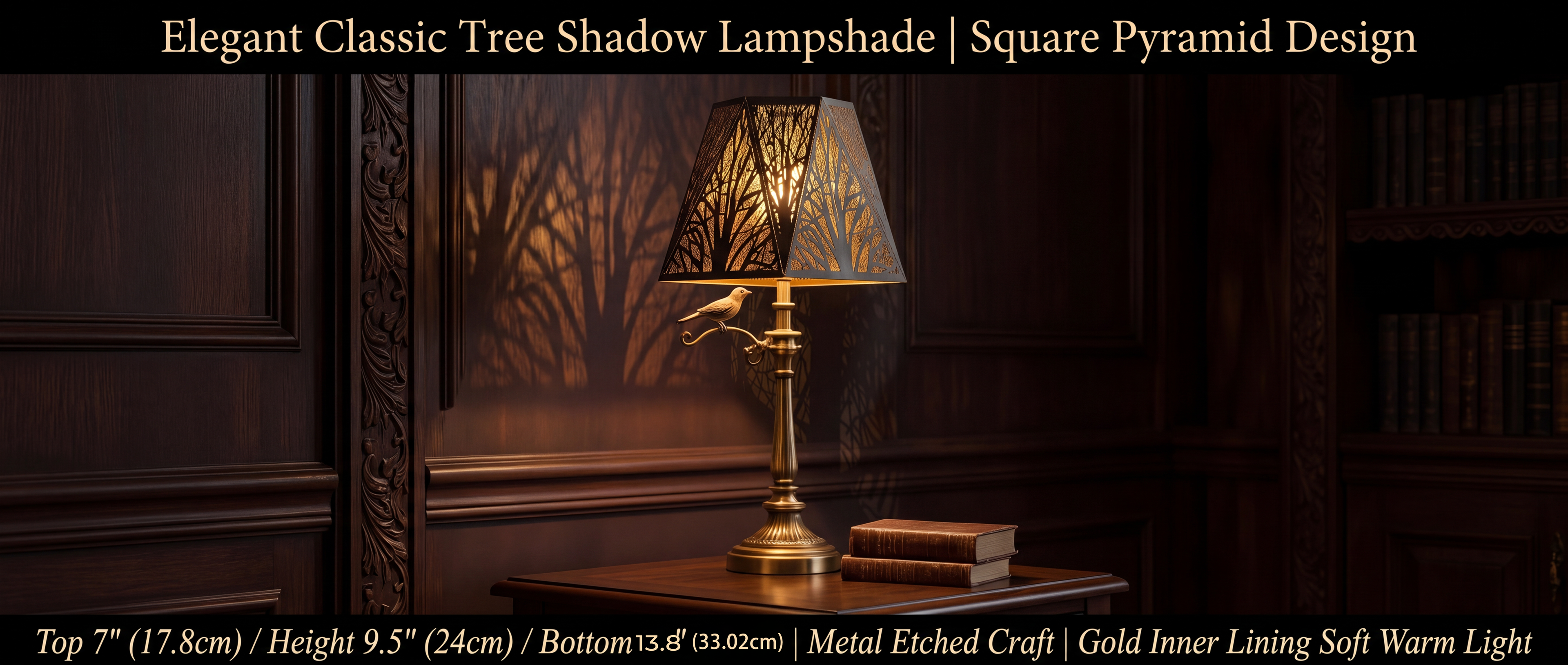 Elegant Classic Tree Shadow Lampshade - Square Pyramid Design, Top 7 inches (17.8 cm), Height 9.5 inches (24 cm), Bottom 13.8 inches (33.02 cm), Metal Etched Tree Forest Pattern Craft with Gold Inner Lining, Creates Soft Warm Light Shadow Projection on Walls, Premium Metal Build, Replacement Lamp Shade for Table Lamps and Floor Lamps, Timeless Retro Classic Light Luxury Decor for Study Living Room Bedroom
