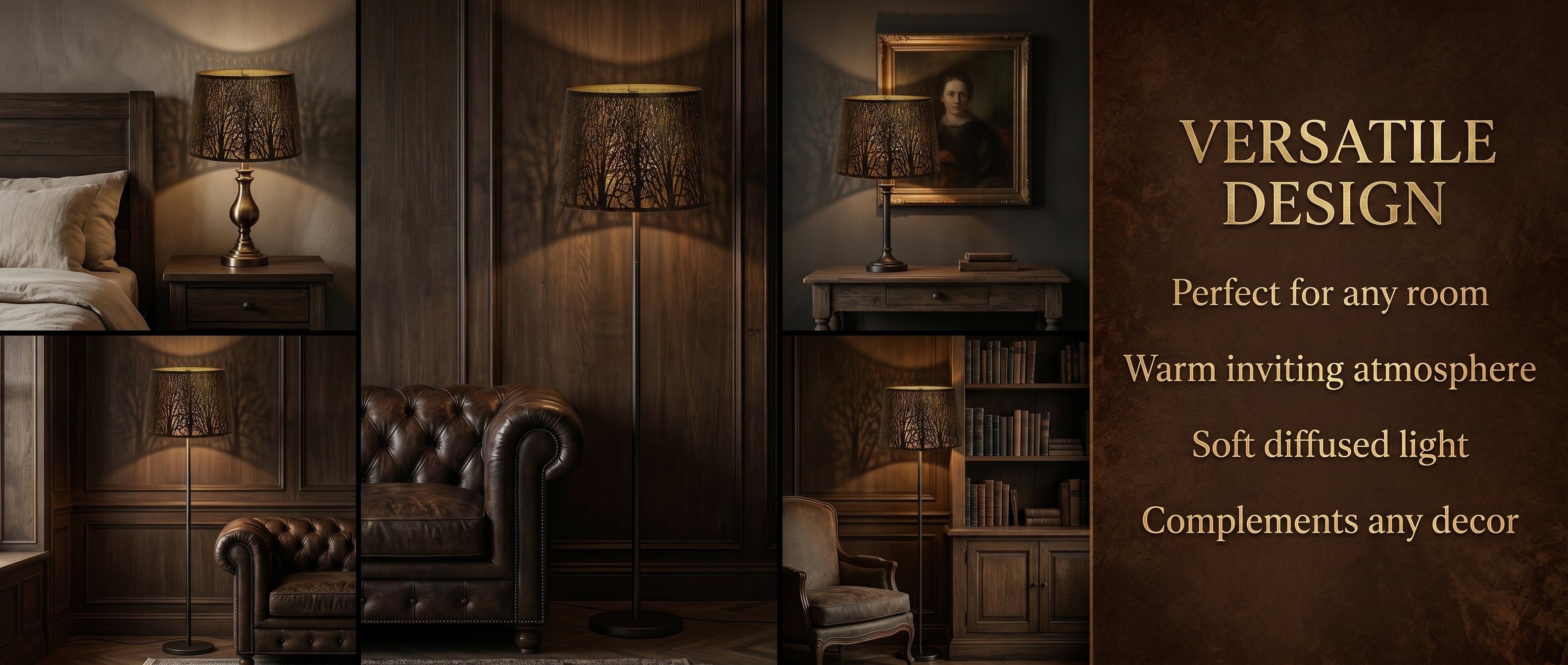 Large Forest Etched Metal Lamp Shade Versatile Multi-Room Application Grid or Collage - Right Side Dark Brown Textured Leather Grain Panel with Elegant Gold Text: VERSATILE DESIGN - Perfect for Any Room - Warm Inviting Atmosphere - Soft Diffused Light - Complements Any Decor - Five Separate Images Show Lamp Shade on Different Lamp Bases in Different Room Settings: Top Left: Shade on Urn-Shaped Brass or Antique Bronze Table Lamp on Wood Nightstand with Drawer Next to Bed with Soft Cream or Beige Bedding Line