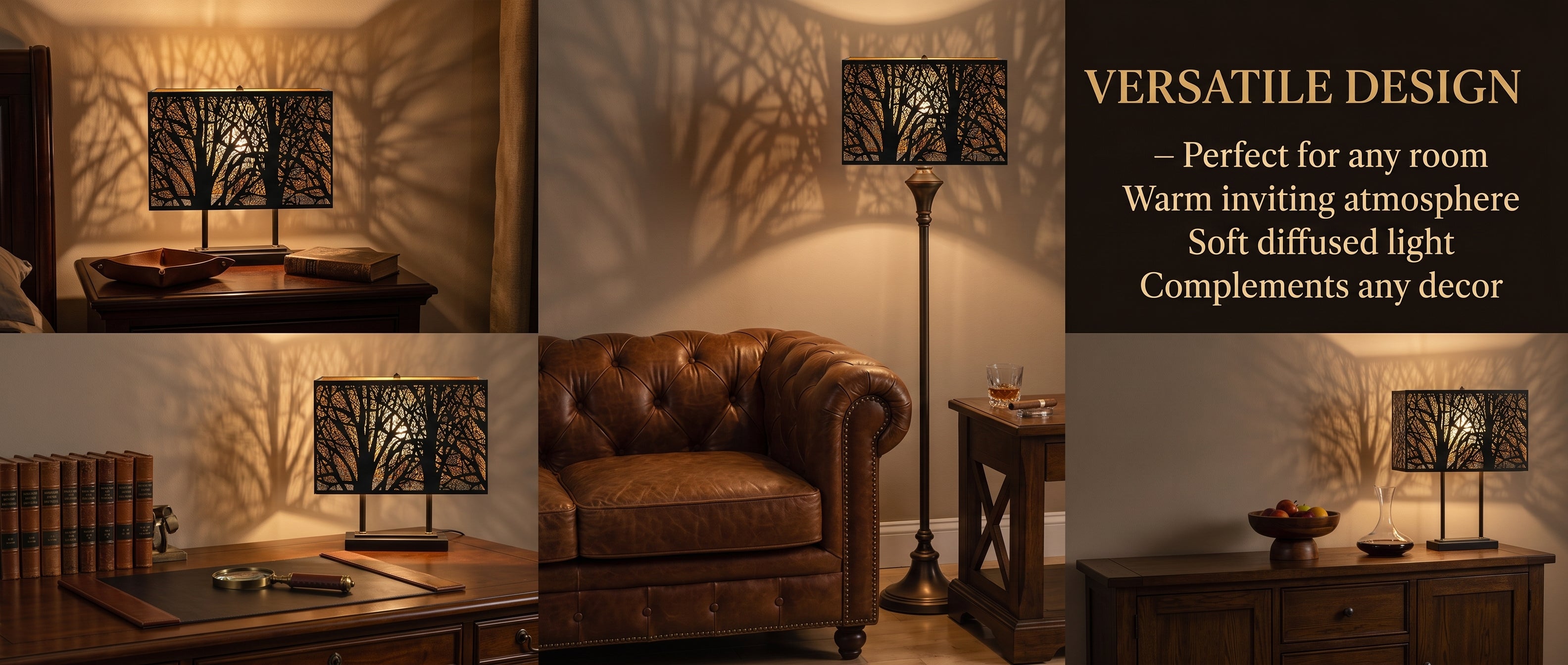 Versatile Design Rectangular Metal Forest Tree Lamp Shade - Multi-Room Application Grid - Right Text Panel: VERSATILE DESIGN - Perfect for Any Room - Warm Inviting Atmosphere - Soft Diffused Light - Complements Any Decor - Four Images Show Lamp Shade on Different Lamp Bases in Different Room Settings - Top Left: Shade on Modern Dark Metal Table Lamp on Wood Bedroom Nightstand with Decorative Wood Bowl, Dark Wood Bed, Cozy Bedroom with Warm Forest Shadow Projection on Warm Beige Wall - Top Right: Shade on Or