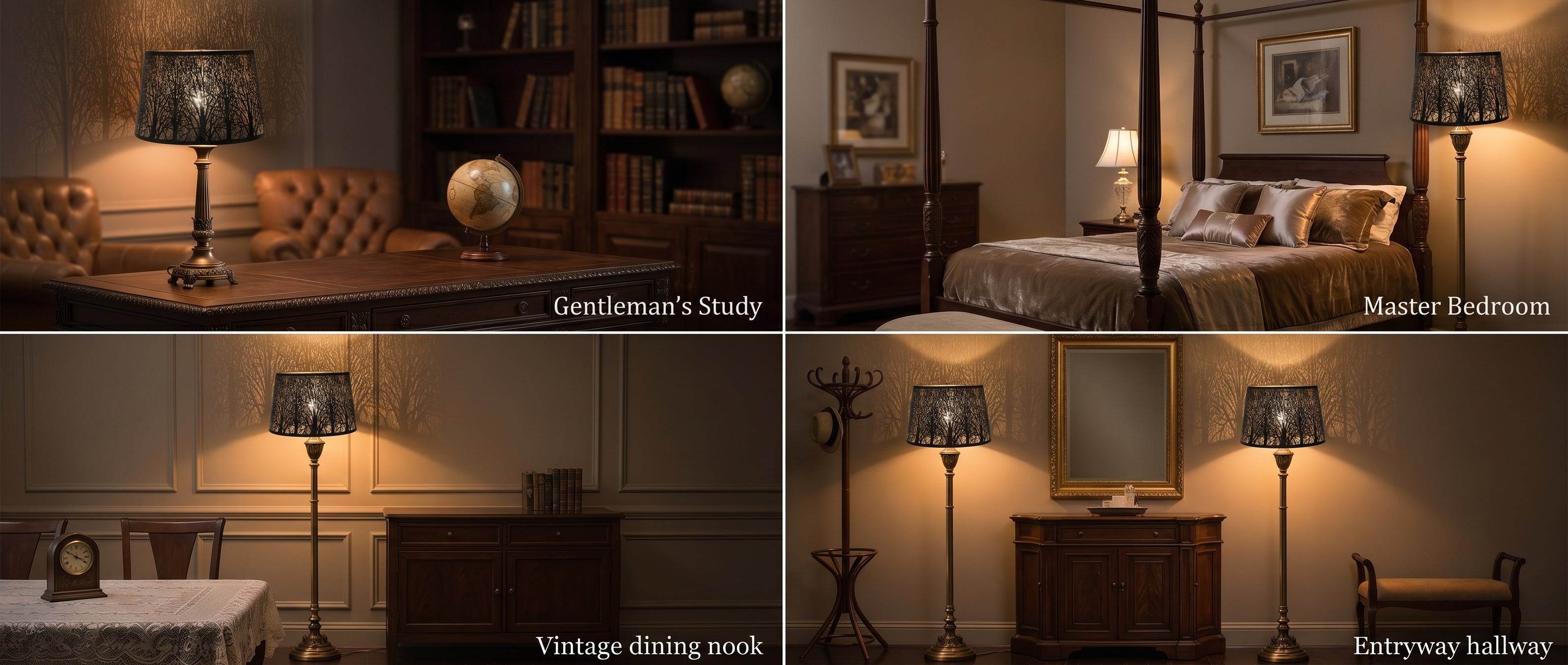 Drum Tree Etched Metal Lamp Shade - Versatile Four-Room Application: Gentleman's Study (Desk Lamp with Globe and Leather Bookshelf), Master Bedroom (Floor Lamp with Four-Poster Bed), Vintage Dining Nook (Elegant Floor Lamp), and Entryway Hallway (Two Matching Floor Lamps with Coat Rack and Mirror), 10" x 12" x 8" Matte Bronze with Gold Interior, Spider Fitter Replacement Shade for Table Lamps, Floor Lamps, Enhances Any Modern or Vintage Interior with Warm Ambient Tree Shadow Lighting