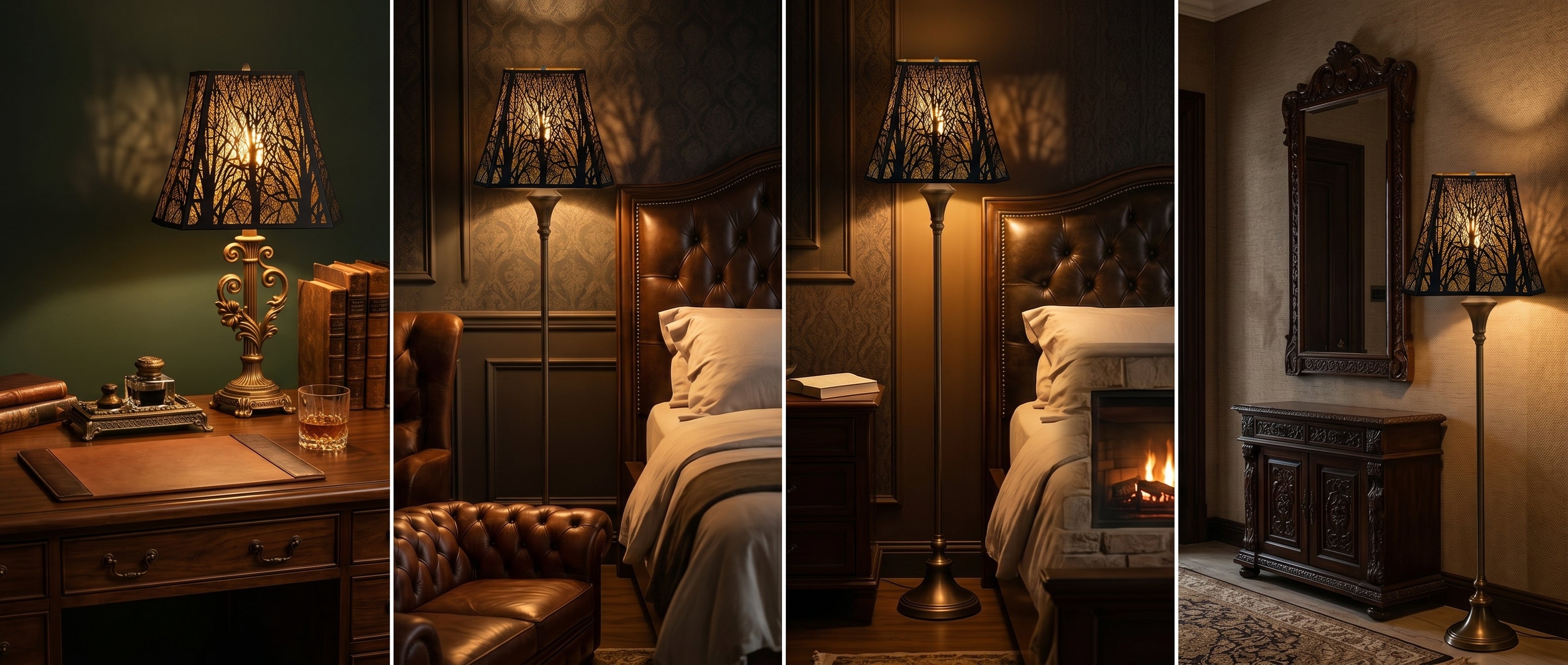 Large Rectangle Forest Etched Metal Lamp Shade - Versatile Four-Room Application Grid - Office Setting (Left): On Ornate Brass Table Lamp with Dark Green Leather Books, Brass Inkwell, Crystal Whiskey Glass, Polished Wood Desk, Leather Chair, Warm Forest Shadow Projection on Dark Green Wall - Classic Bedroom (Middle Two): On Brass Floor Lamp with Tufted Leather Wingback Headboard Bed, Plush White Pillows, Dark Wood Furniture, Soft Forest Shadow on Patterned Wallpaper, Additional View with Fireplace Ambiance 