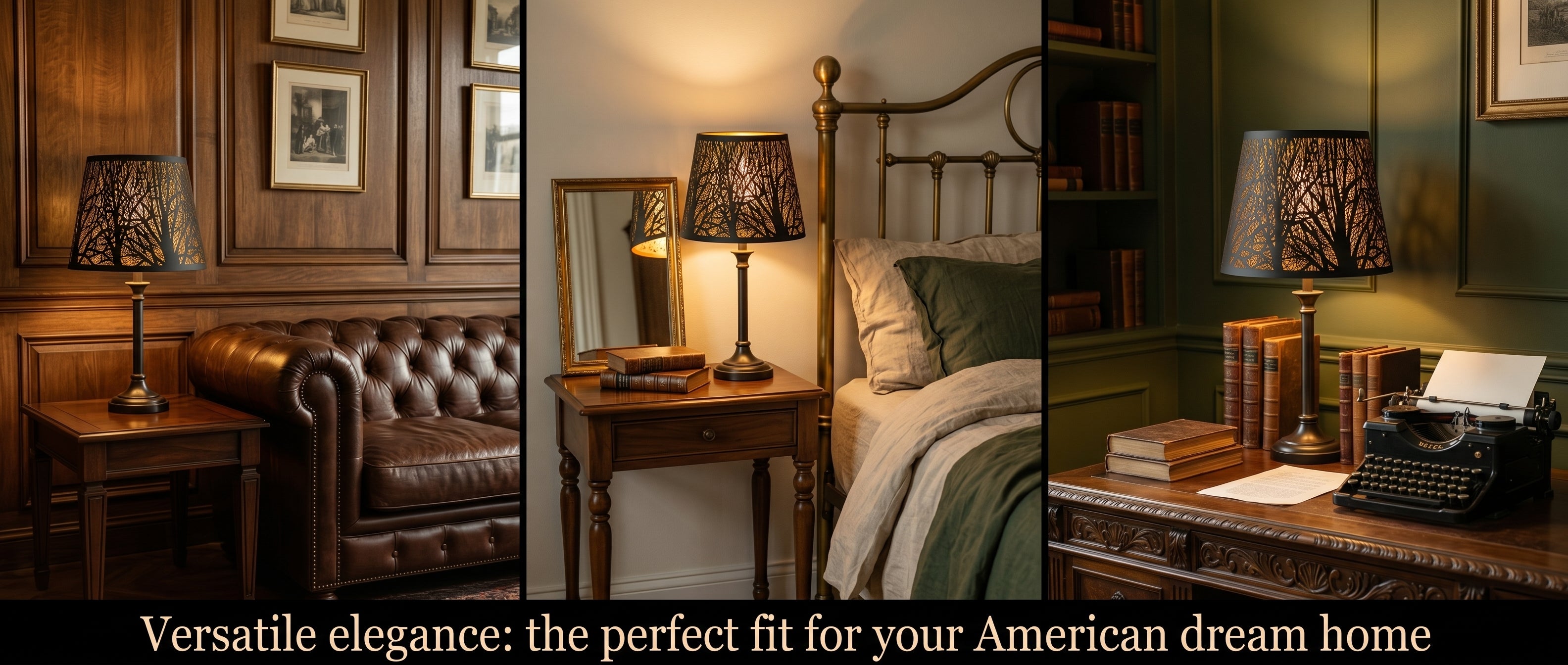 Versatile Elegance: Small Metal Lamp Shade with Hand-Etched Forest Pattern - Perfect Fit for Your American Dream Home, Shown in Three Settings: Living Room with Chesterfield Sofa, Vintage Bedroom with Brass Bed Frame, and Classic Study with Antique Typewriter, 6"x10"x7.5" Spider Fitter, Black Exterior Gold Interior Replacement Shade for Warm Ambient Lighting