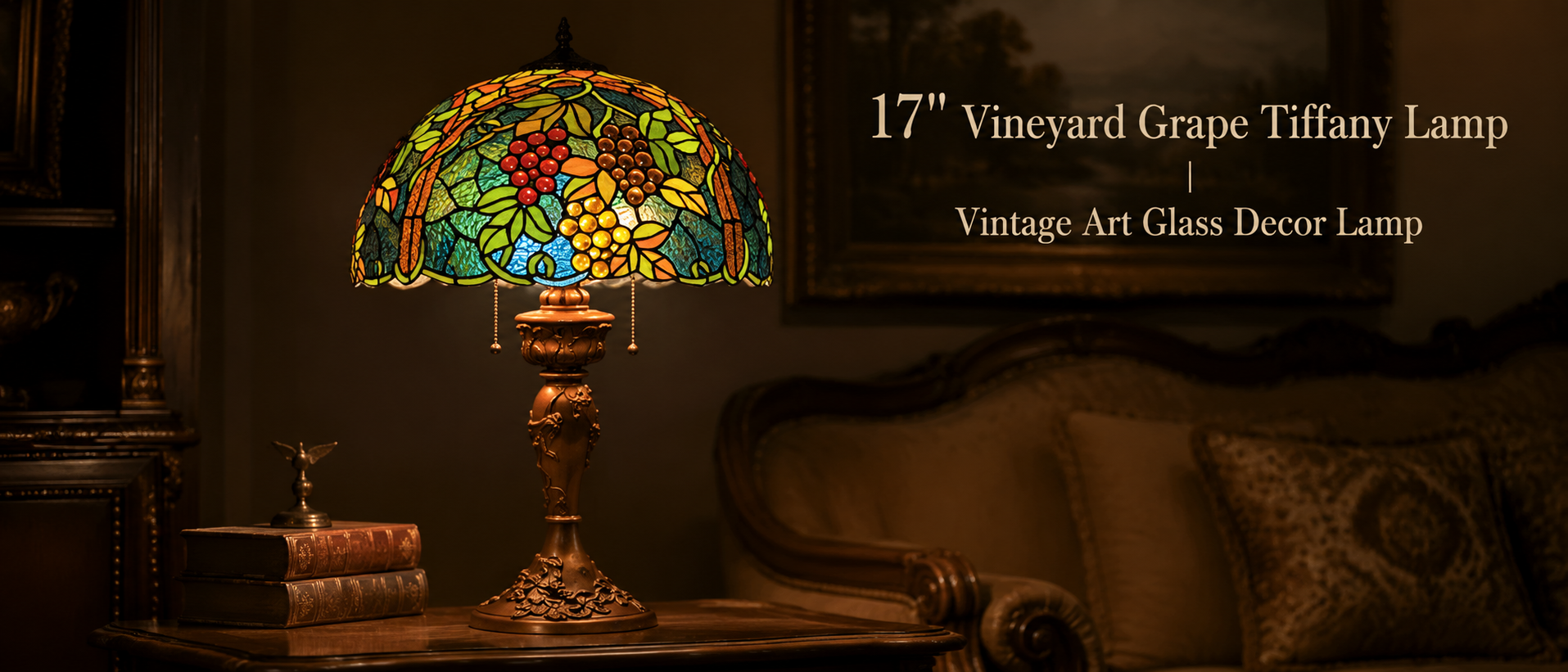 Vineyard grape art glass lamp creating elegant vintage atmosphere in a classic home interior