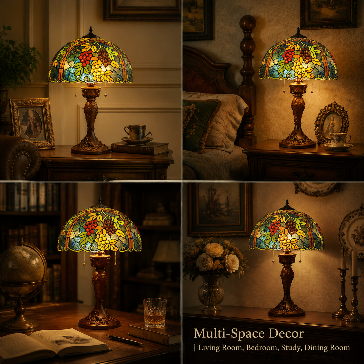 Vineyard grape Tiffany lamp displayed in living room bedroom and study room vintage interiors