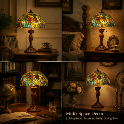 Vineyard grape Tiffany lamp displayed in living room bedroom and study room vintage interiors