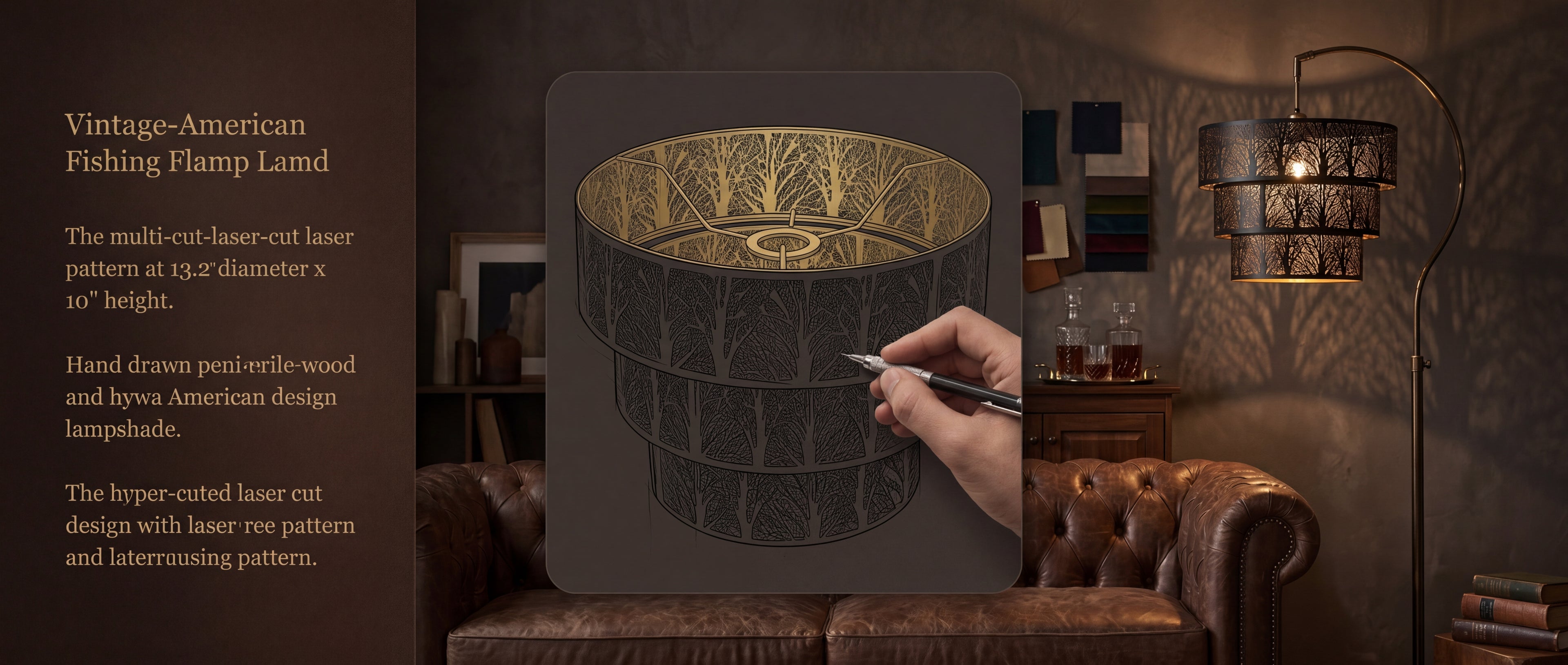Vintage American 3-Tier Drum Lamp Shade 13.2" x 10" - Hand-Drawn Tree Pattern with Precision Laser-Cut Metal, Black Exterior and Gold Interior, Artisan Crafted Replacement Shade for Floor Lamps and Chandeliers, 1.63" Fitter for Ambient Lighting