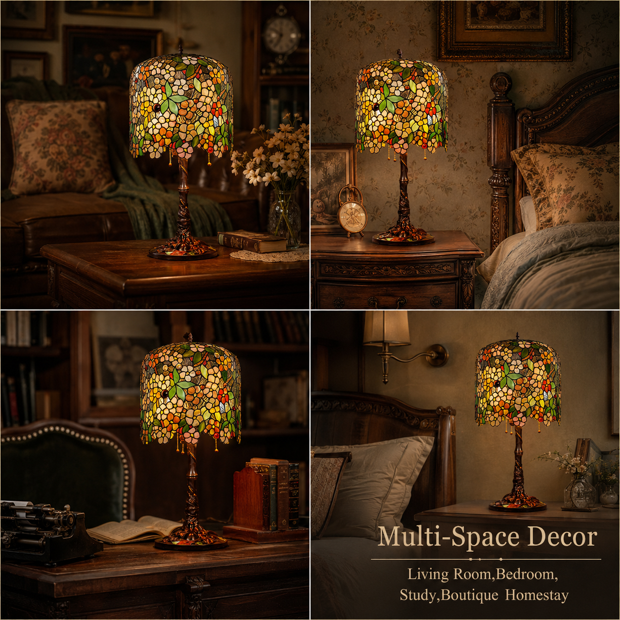 Vintage Apple Blossom Tiffany lamp used as elegant home decor lighting in living room, bedroom, and reading spaces