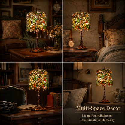Vintage Apple Blossom Tiffany lamp used as elegant home decor lighting in living room, bedroom, and reading spaces