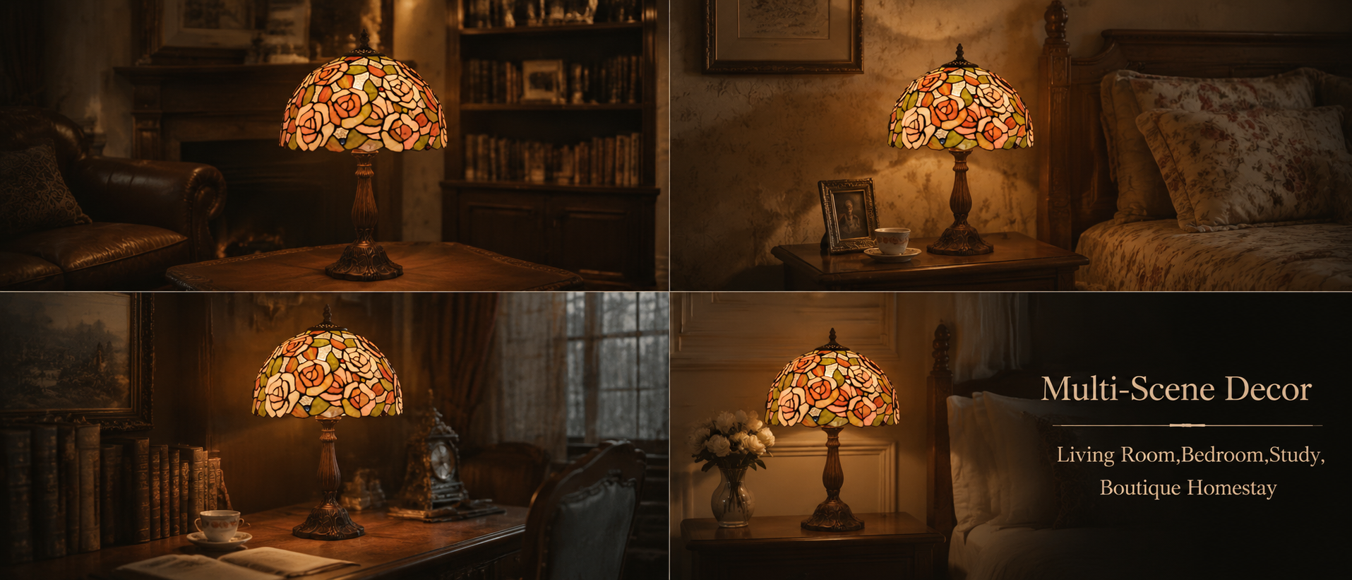 Vintage art glass lamp styled in living room, bedroom and study spaces as decorative accent lighting for classic interiors