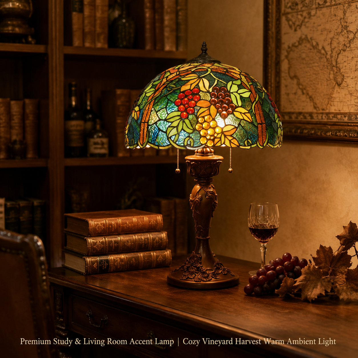 Vintage art glass table lamp creating elegant warm lighting atmosphere in a classic study room