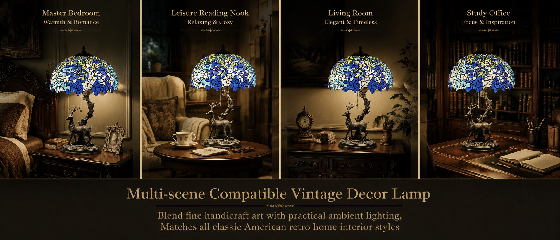 Vintage art lamp styled in bedroom, reading nook, living room and study spaces for elegant home decoration