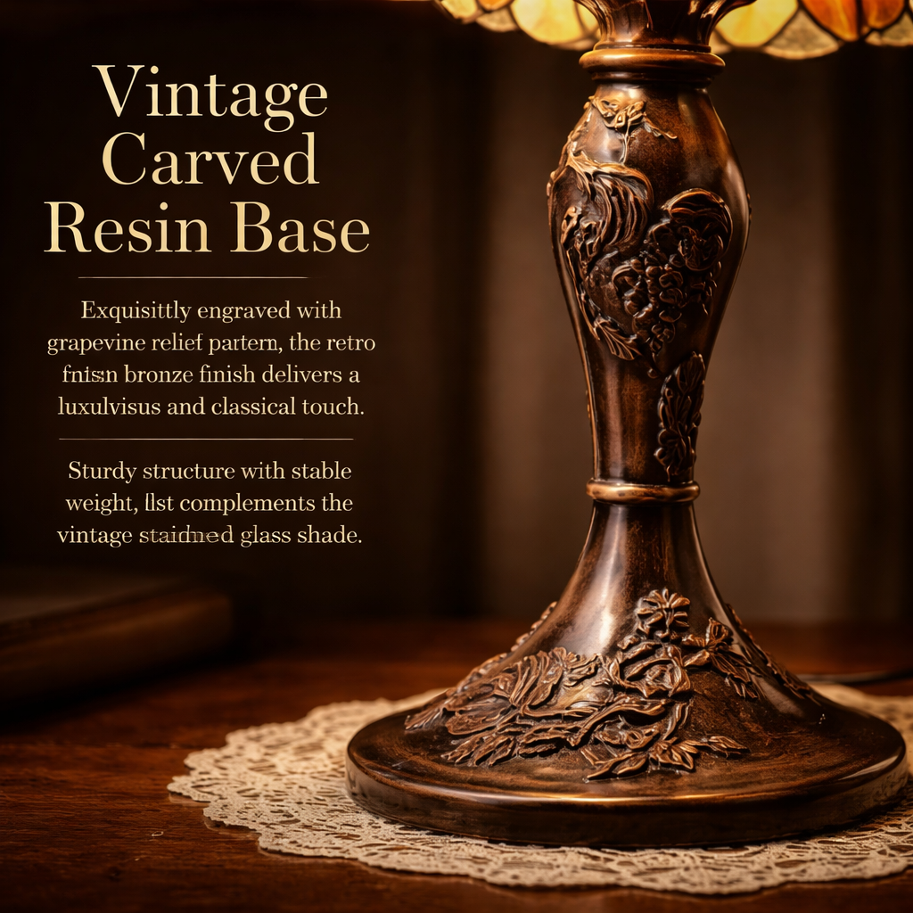 Vintage bronze carved base detail of a handmade Tiffany table lamp with classic decorative design