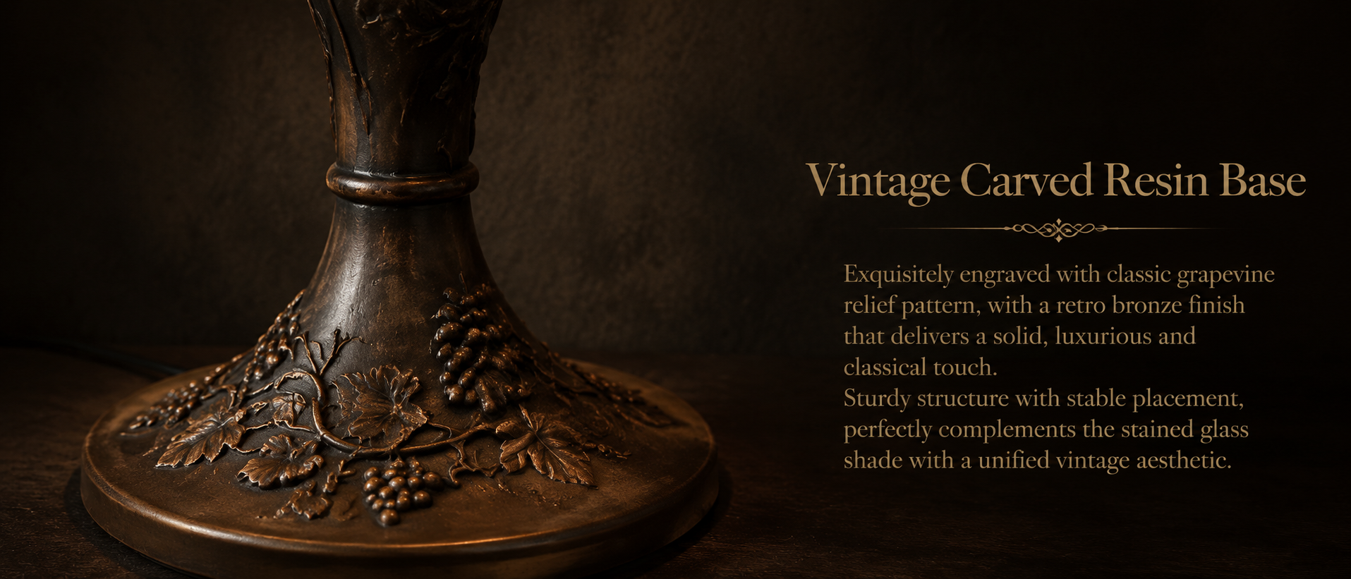 Detailed view of vintage bronze carved resin base with classic grapevine pattern on an art glass table lamp