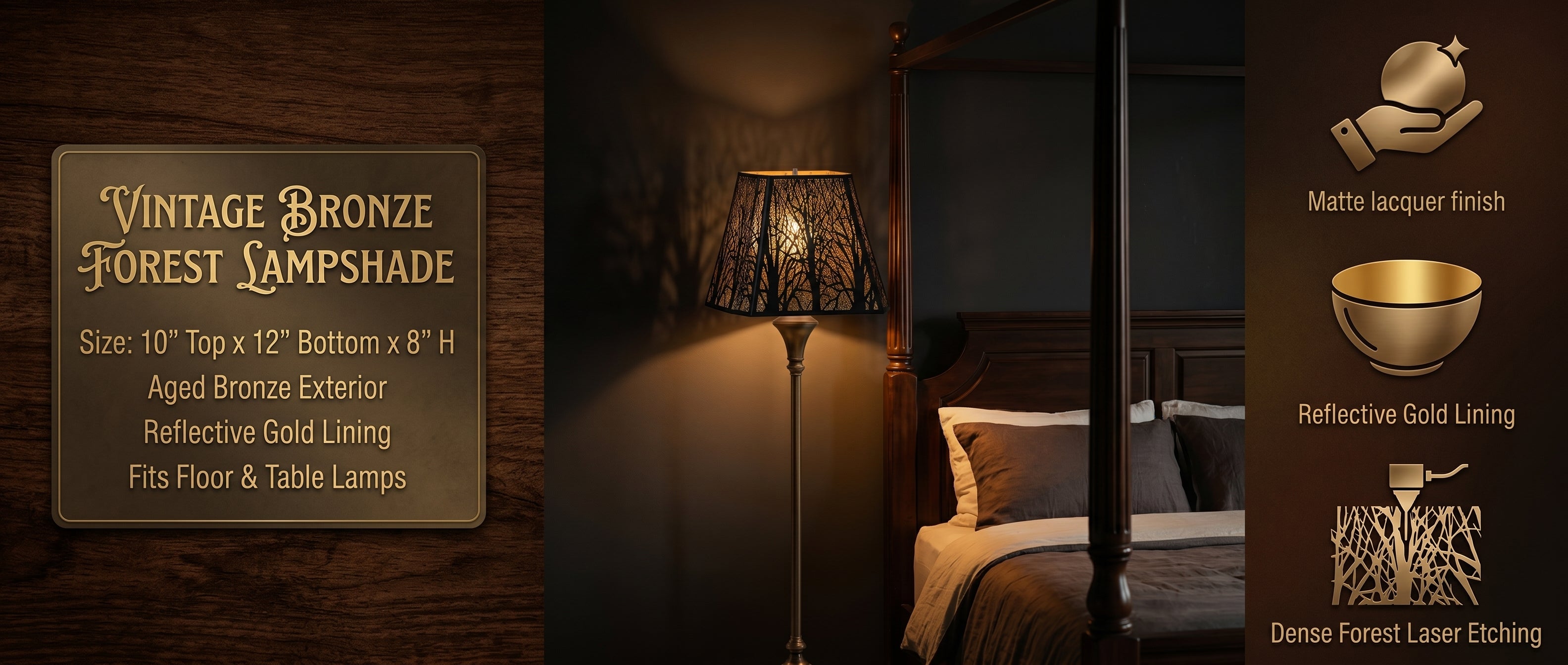 Large Rectangle "Vintage Bronze Forest Lampshade" - Left Text Panel with Embossed Dark Bronze Plaque on Wood Background - Key Specifications Listed: Size 10 inch Top x 12 inch Bottom x 8 inch Height, Aged Bronze Exterior, Reflective Gold Lining, Fits Floor and Table Lamps - Center Image Shows Same Rectangular Shade on Ornate Brass Floor Lamp in Classic Dark Wood Four-Poster Bedroom with Plush Brown and White Pillows, Rich Wood Panel Walls, Casting Beautiful Winter Tree Branch Shadow Projection on Wall - Rig