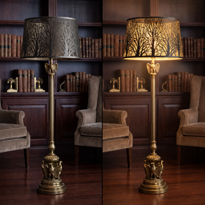 ecorative antique bronze oval metal lampshade with gold tree branch etching on brass eagle floor lamp, vintage Victorian library interior, lit and unlit views