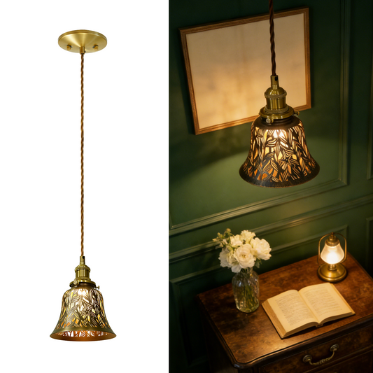 vintage bronze pendant light with leaf embossed metal shade and rope cord