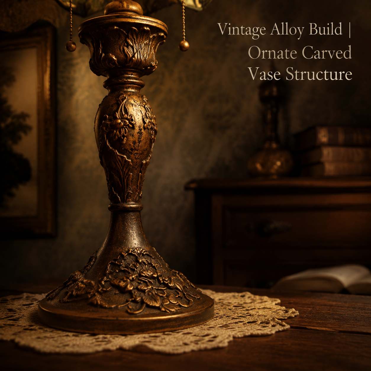 Vintage carved alloy base with antique bronze finish supporting a Tiffany stained glass table lamp