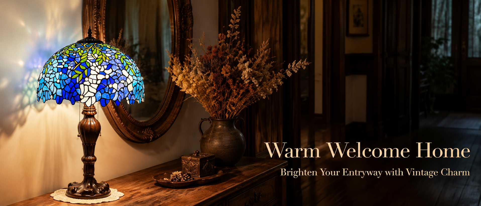 Vintage entryway table lamp providing warm welcome lighting with handcrafted stained glass design for classic home interiors