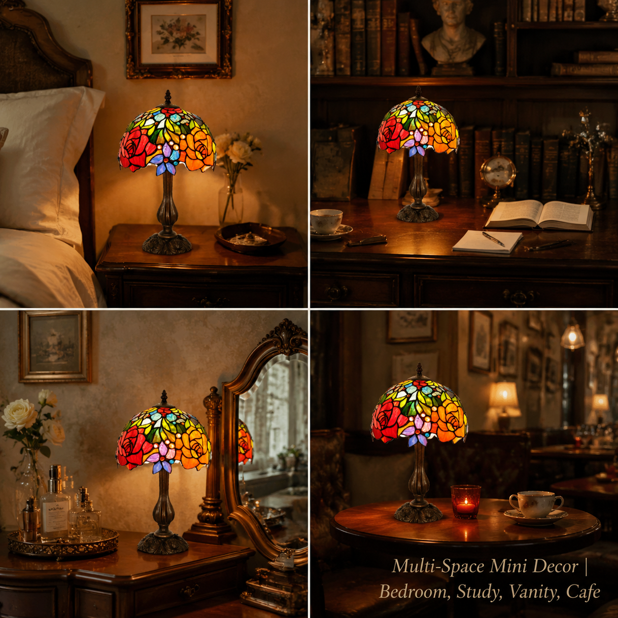 Colorful stained glass floral lamp displayed on a bedroom nightstand, study desk, vanity table and cafe-style side table