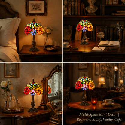 Colorful stained glass floral lamp displayed on a bedroom nightstand, study desk, vanity table and cafe-style side table