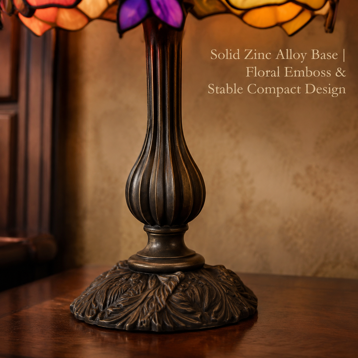 Antique bronze zinc alloy lamp base with embossed floral detailing and stable compact construction