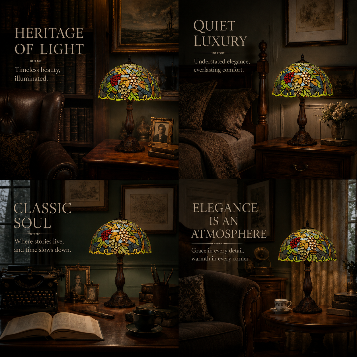 Vintage Grape Tiffany bedside lamp displayed in bedroom and living room interiors with classic stained glass decoration style