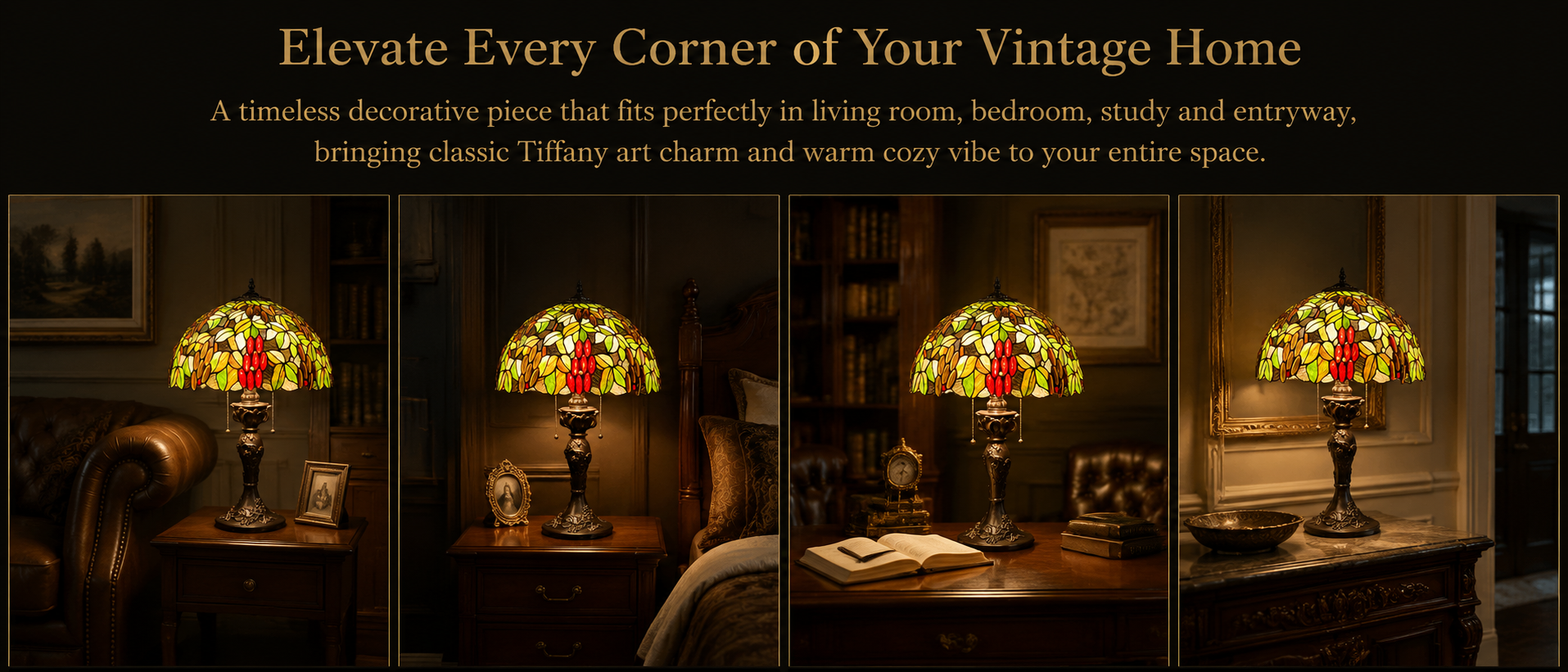 Vintage art glass lamp displayed in elegant home interiors including living room bedroom and study spaces