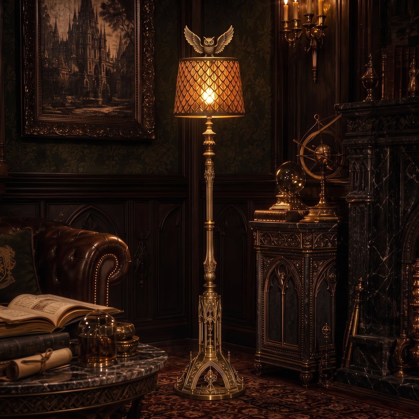 Medium vintage geometric metal lamp shade casting a warm ambient glow in a dark classic library-style interior.