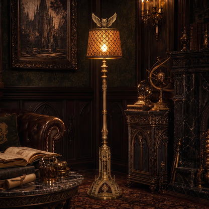 Medium vintage geometric metal lamp shade casting a warm ambient glow in a dark classic library-style interior.