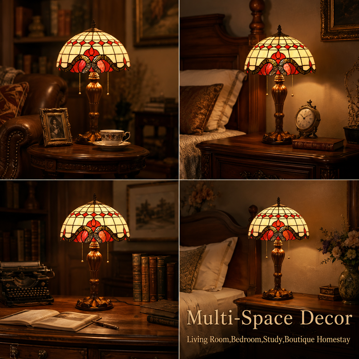 Vintage red Tiffany table lamp used in living room bedroom and study with classic home decor style