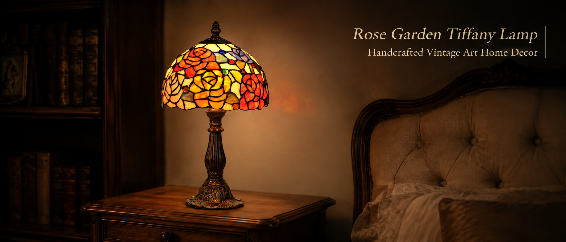Vintage rose stained glass table lamp beside a bedroom nightstand creating warm ambient lighting with classic floral decor