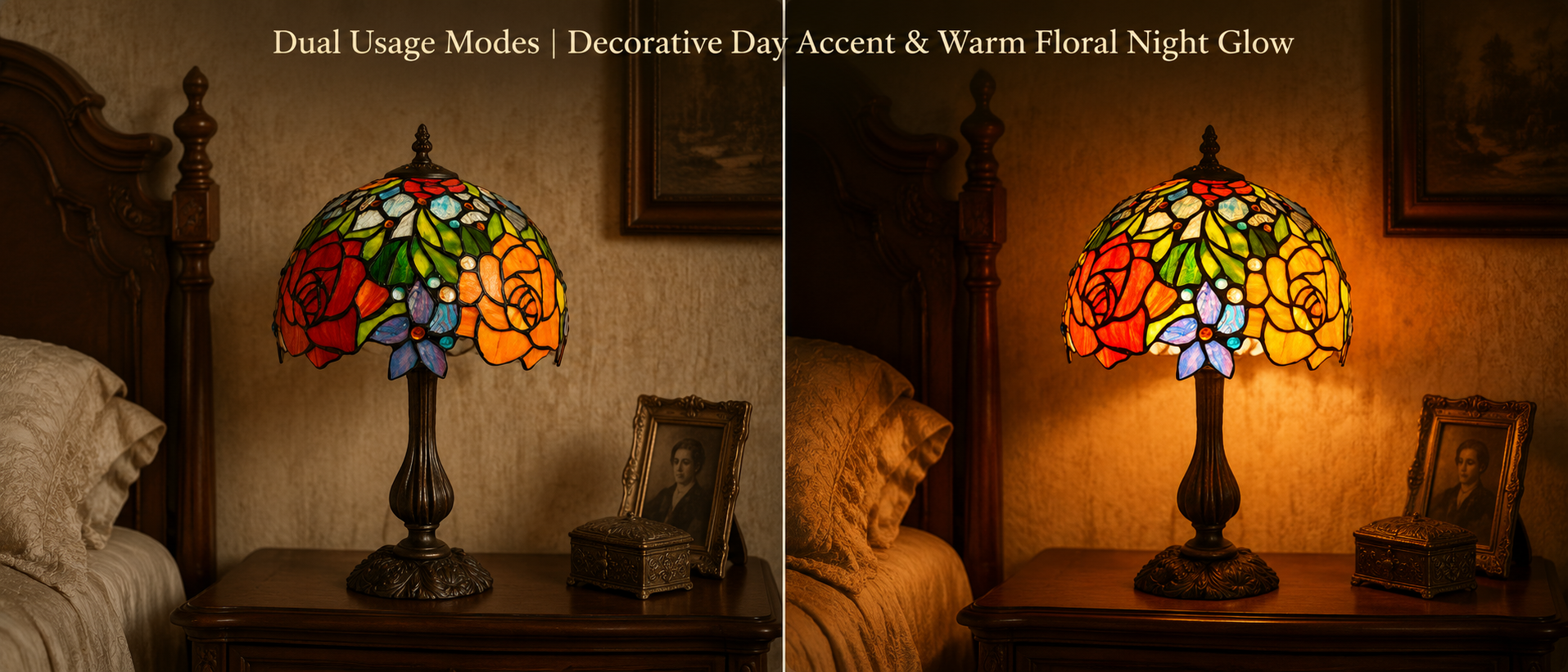 Rose stained glass table lamp shown in daylight and illuminated at night with rich red, orange and green floral colors