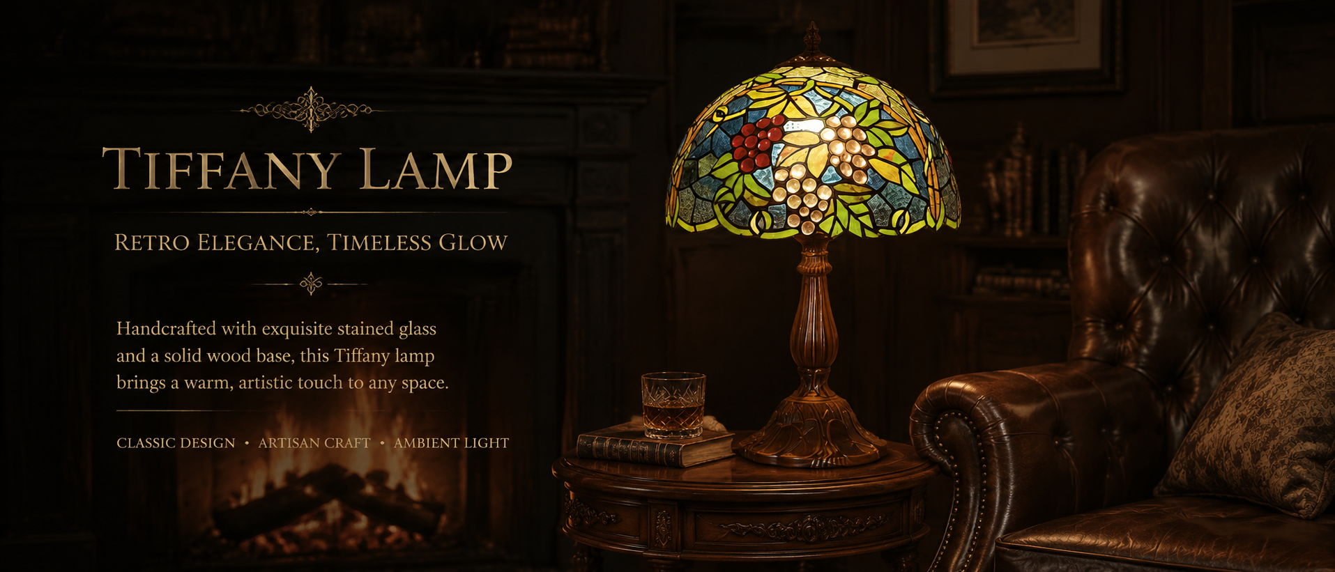 Vintage stained glass lamp creating warm ambient lighting beside a fireplace in an elegant classic interior