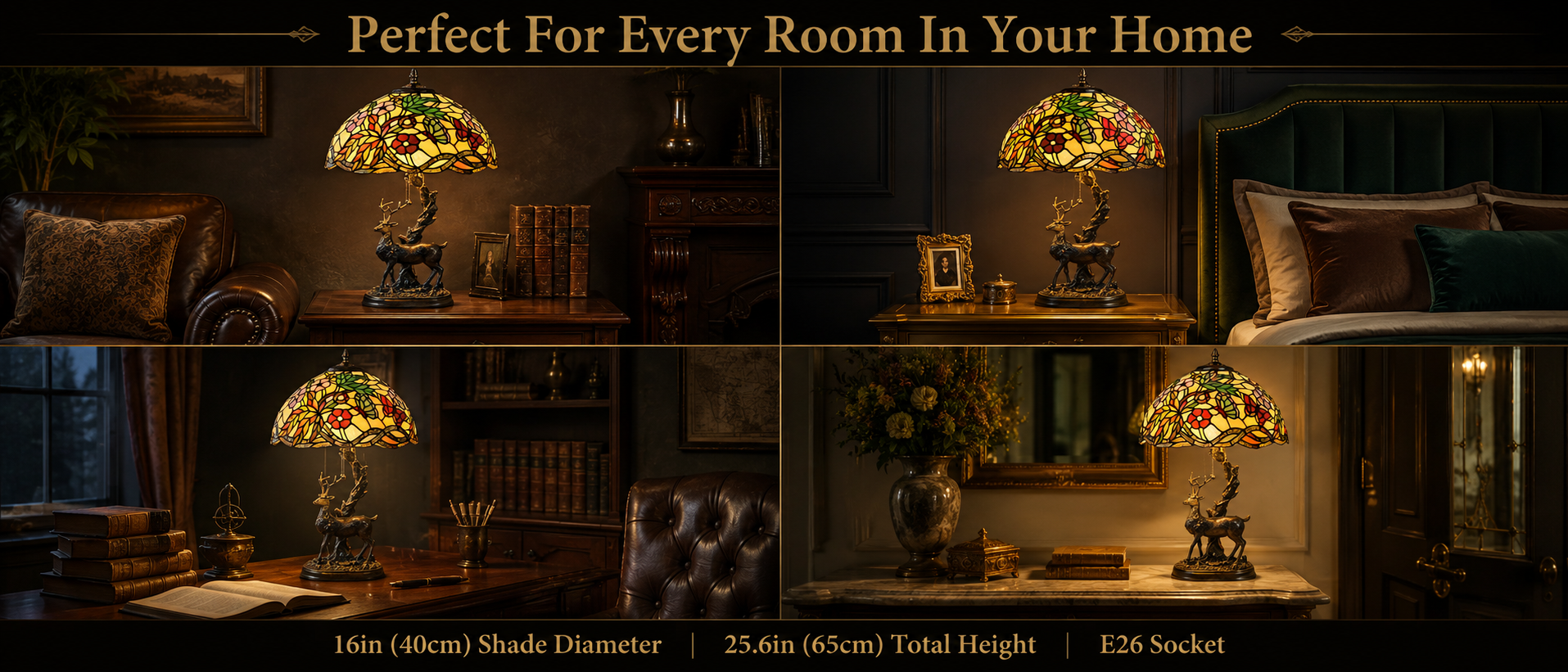 Vintage stained glass lamp displayed in living room, bedroom, study and entryway interiors for elegant home decoration