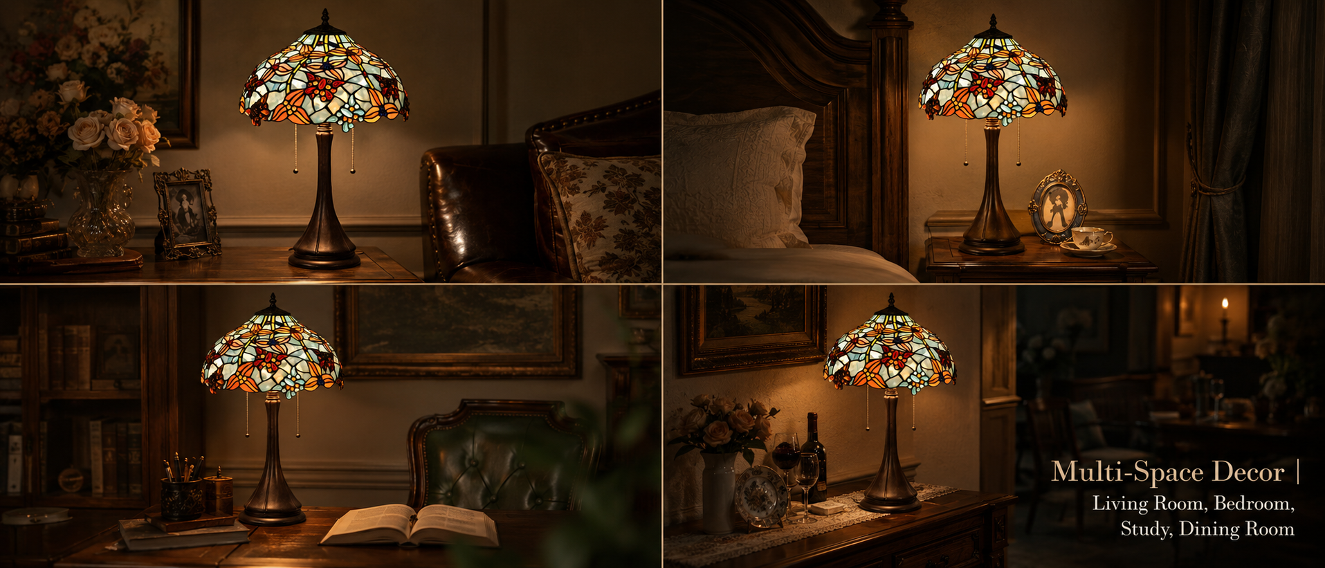 Vintage stained glass lighting displayed across living room bedroom study and dining room interiors