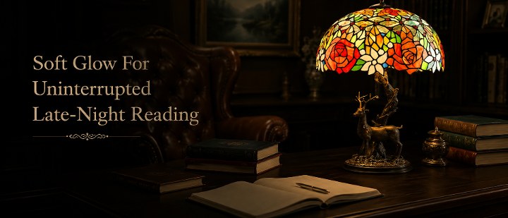 Vintage stained glass reading lamp providing soft warm light for late night reading in a classic study room