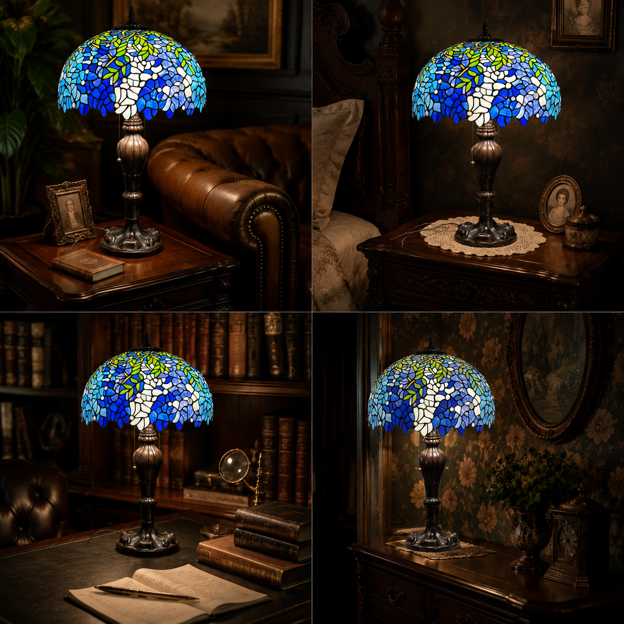 Vintage stained glass table lamp displayed in living room bedroom and study room home decor settings