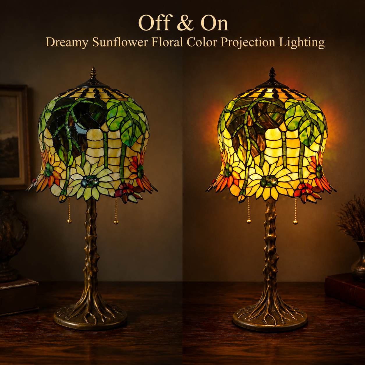 Vintage sunflower stained glass table lamp with handcrafted shade for elegant living room and bedroom home decor
