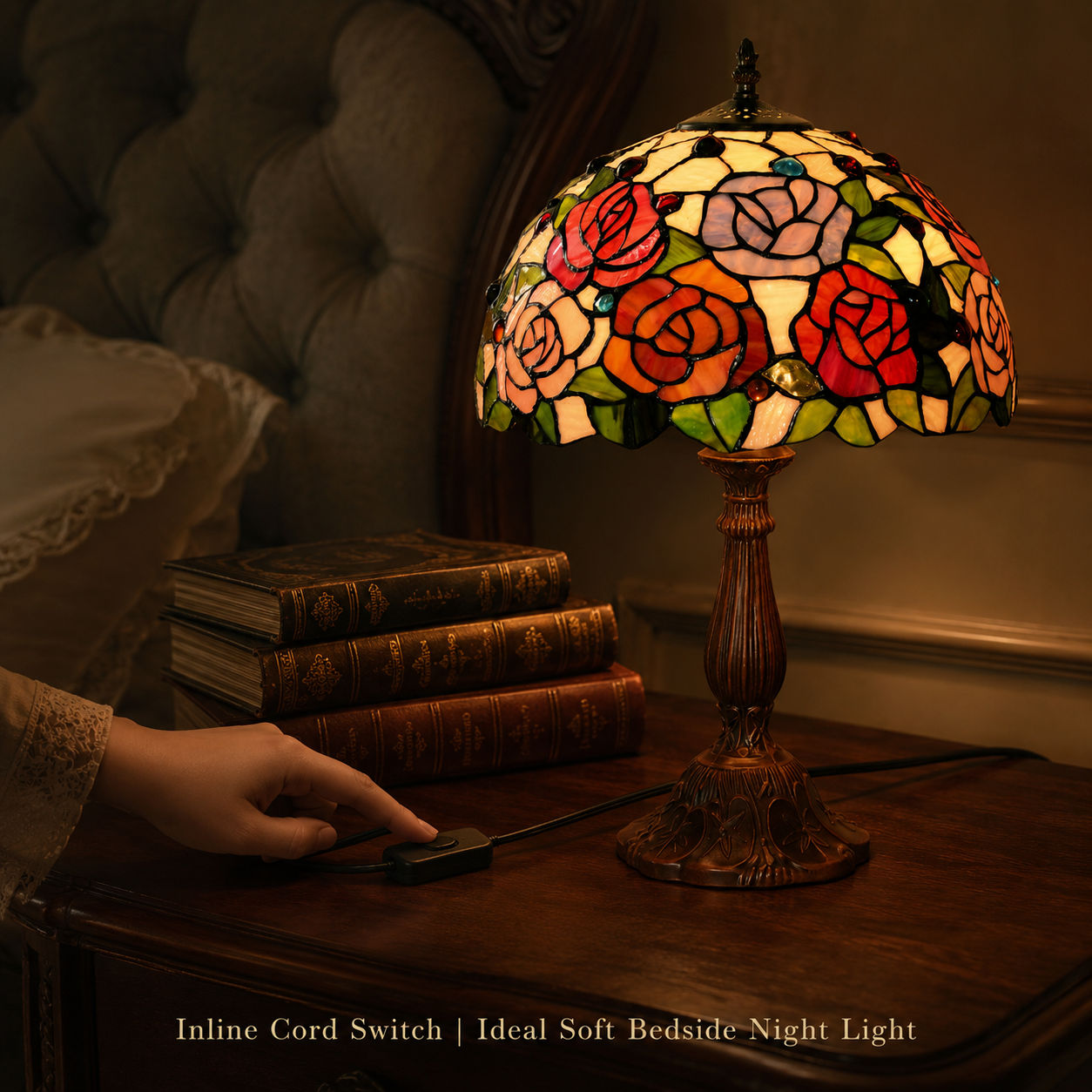 Vintage Tiffany bedside reading lamp creating a warm atmosphere in a classic bedroom setting