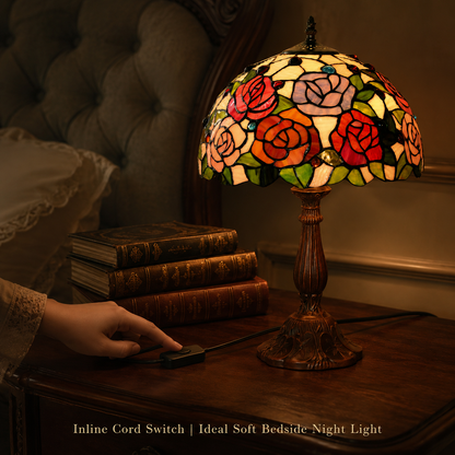 Vintage Tiffany bedside reading lamp creating a warm atmosphere in a classic bedroom setting