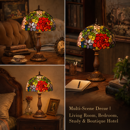 Vintage Tiffany bedside lamp displayed in bedroom living room and study spaces with warm decorative lighting